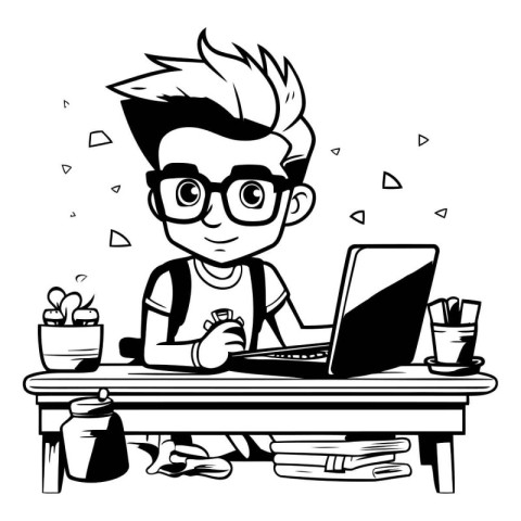 Funny nerd boy with laptop. Vector illustration in black and whi