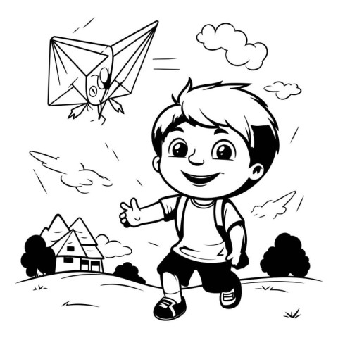 Boy flying a kite. black and white vector illustration for color