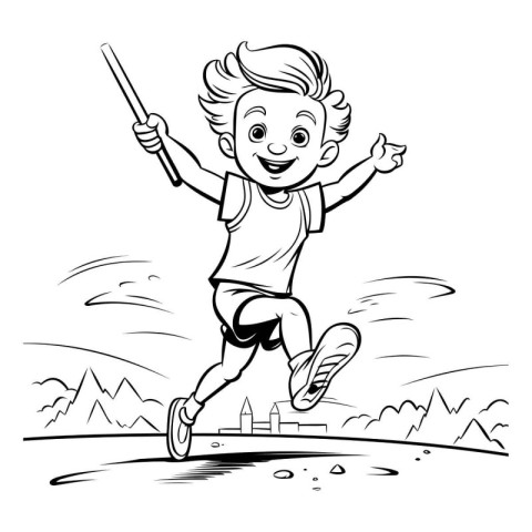 Black and White Cartoon Illustration of Happy Kid Boy Playing Jo