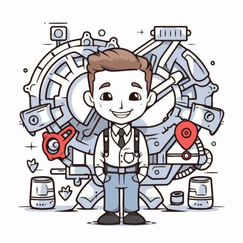 Auto mechanic with a lot of tools. Hand drawn vector illustratio