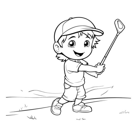 Illustration of a Little Boy Playing Golf on a Golf Course.