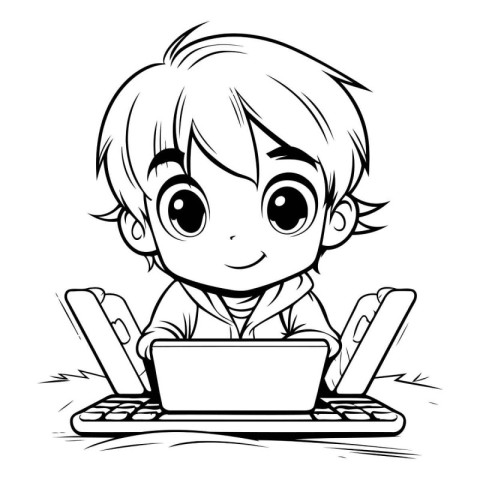 Black and White Cartoon Illustration of Cute Teenage Boy Student