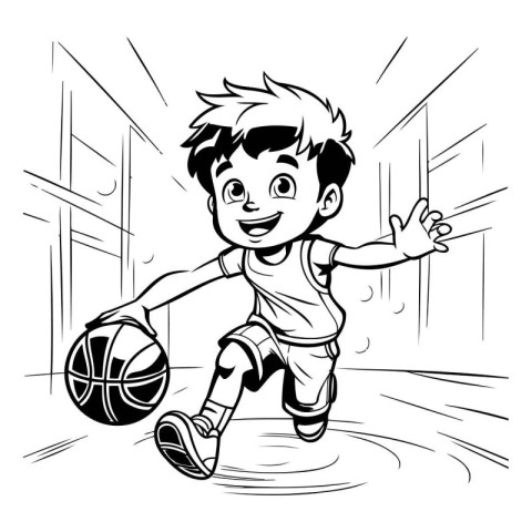 Boy playing basketball. Black and white vector illustration for
