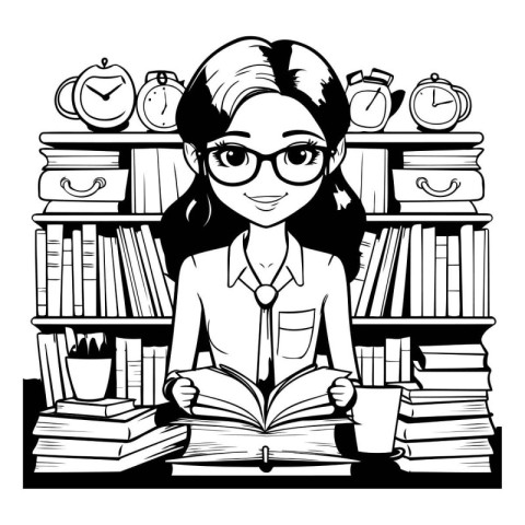 girl reading a book in library black and white vector illustrati