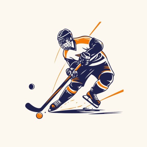 Hockey player with the stick and puck on ice. Vector illustratio