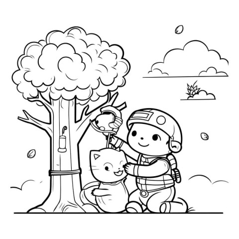 Coloring Page Outline Of cartoon boy and cat in the park