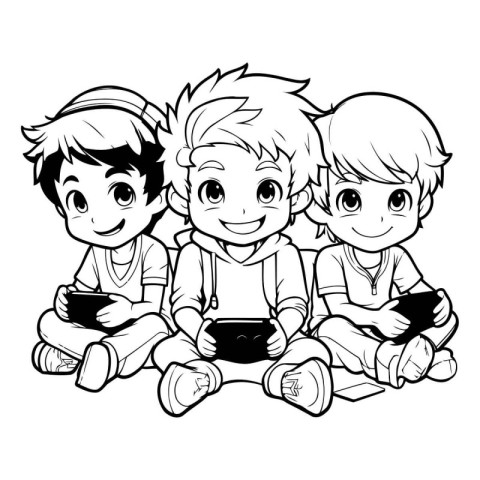 Children playing games on mobile phones. Black and white vector