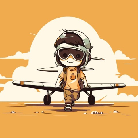 Little boy pilot with airplane on the background of the sky. Vec