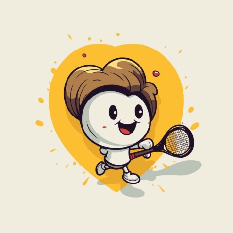 Cute tennis player with racket and ball. Cartoon vector illustra