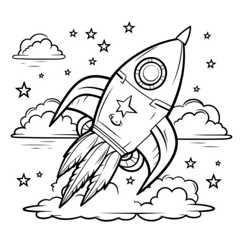 Coloring book for children: rocket in the clouds. Vector illustr