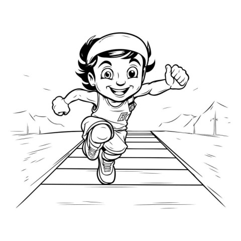 Boy running on the road. Black and white vector illustration for