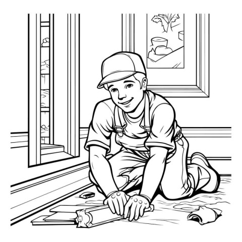 Worker polishing the window. Black and white vector illustration