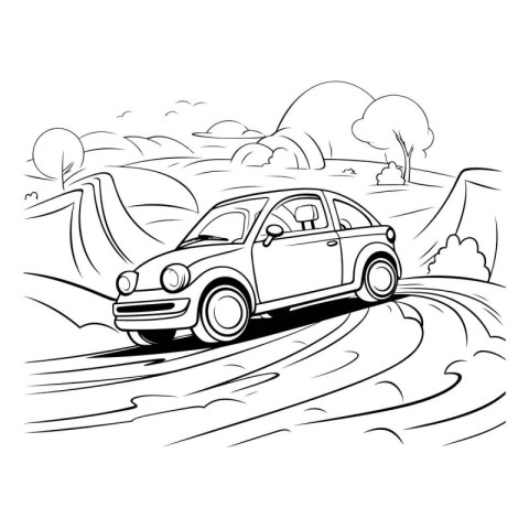 Car on the road. Vector illustration in black and white colors.