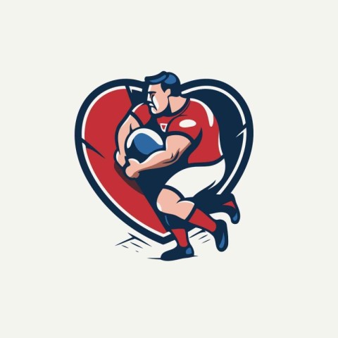 Rugby player with ball in heart shape. Vector illustration.