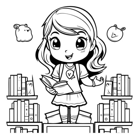 Black and White Cartoon Illustration of Cute Little Girl Reading