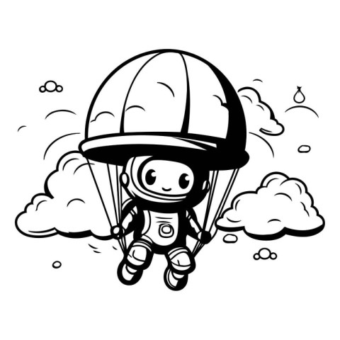 Black and White Cartoon Illustration of a Kid Boy Parachutist Fl