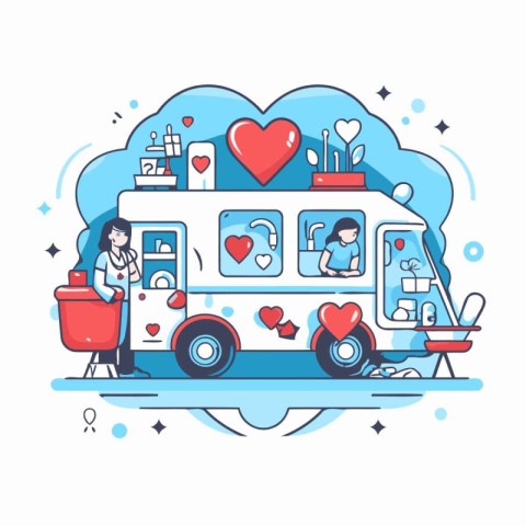 Food truck with children and parents. Vector illustration in fla