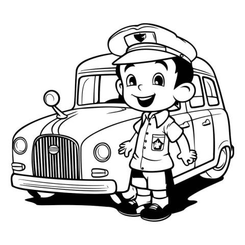 Black and White Cartoon Illustration of a Little Boy Police Offi