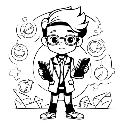 Cartoon boy with book. Black and white vector illustration for c