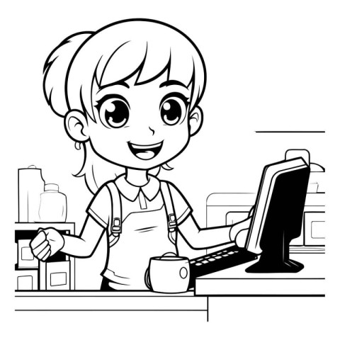 Cute little girl working at the computer. Black and white vector