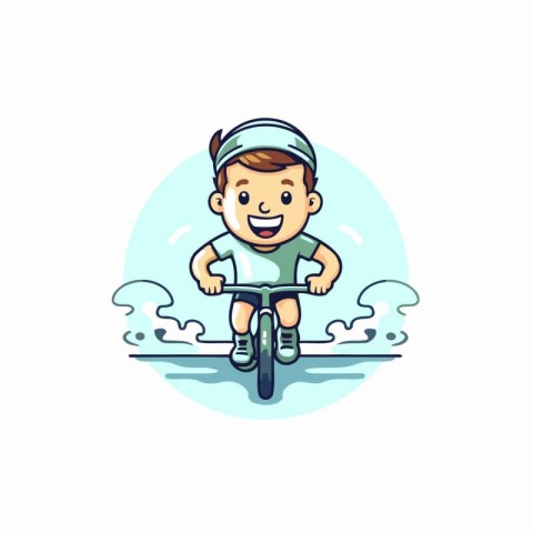 Boy riding a bike in the rain. Vector illustration in cartoon st