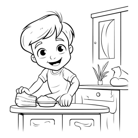 Cute little boy ironing clothes in the kitchen. vector illustrat