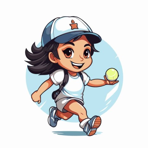 Illustration of a little girl playing tennis on a white backgrou