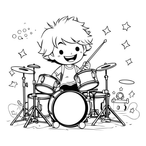 Boy playing drums. Black and white vector illustration for color