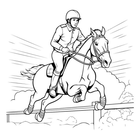 Jockey on the horse jumping over obstacles. Black and white vect