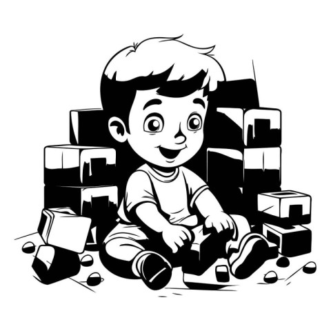 Little boy playing with cardboard boxes. Black and white vector