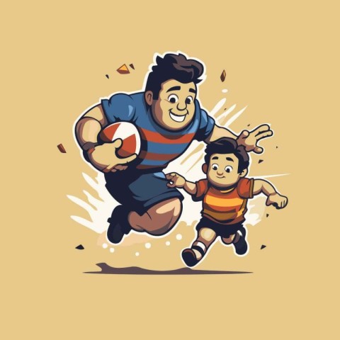 Father and son playing rugby. Vector illustration in cartoon com