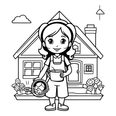 cute little girl gardener with basket and flowers cartoon vector