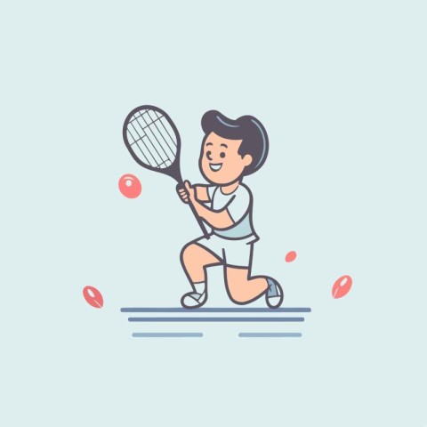 Cute boy playing tennis. Vector illustration in cartoon linear s