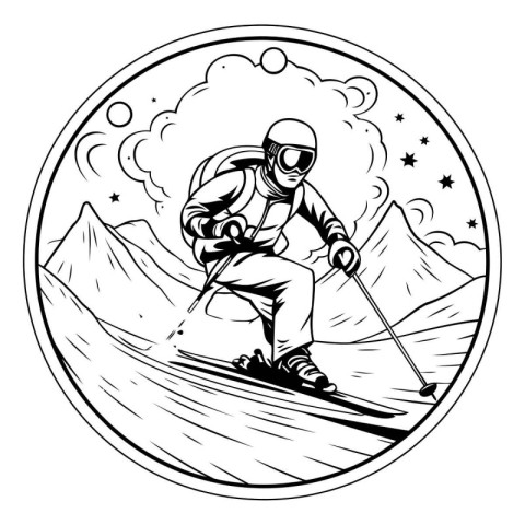 Vector illustration of a skier on a mountain slope in a circle.