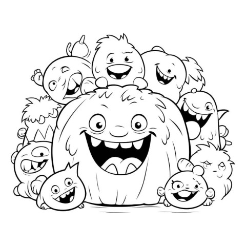 Black and white Cartoon Illustration of Funny Monsters Group for