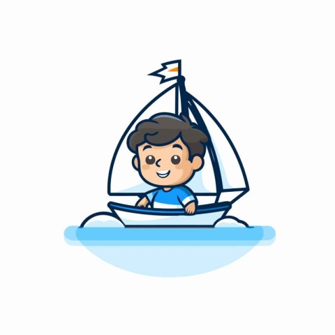 Cute boy on a sailboat. Childish vector illustration.