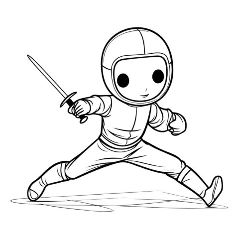 Fencer with sword and helmet. Cartoon style. Vector illustration