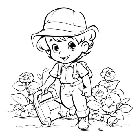 Outline illustration of a little boy with a suitcase in the gard