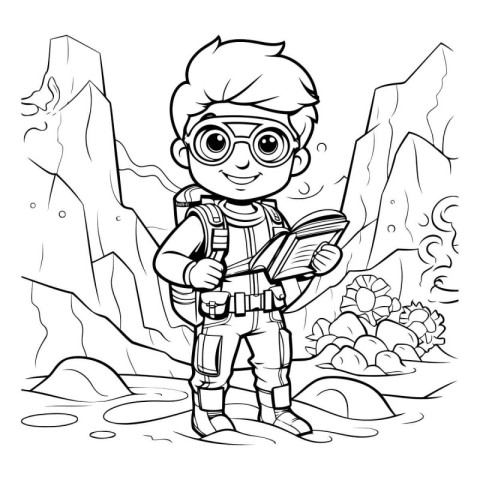 Cute cartoon boy with a book. Vector illustration for coloring b