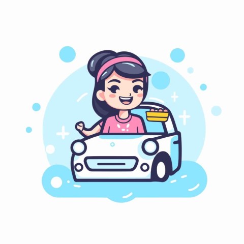 Cute little girl driving car with food in hand. Vector illustrat