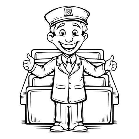 Black and White Cartoon Illustration of a Pilot or Sailor Charac