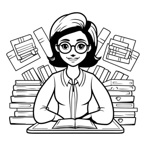 Black and White Cartoon Illustration of Female Student Reading a