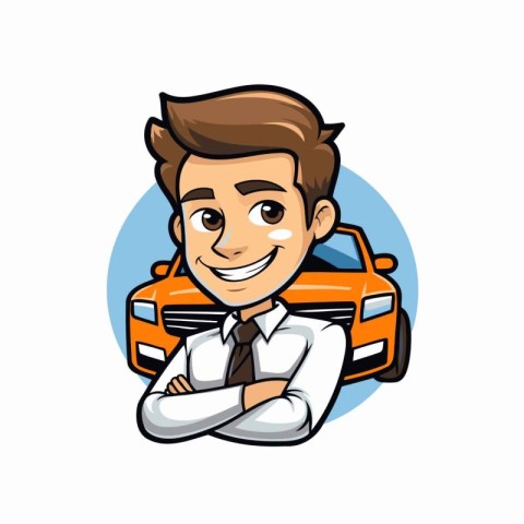 Vector illustration of a cartoon taxi driver with his car in the