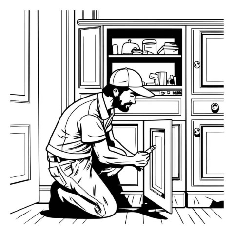 Vector black and white illustration of a man repairing a kitchen