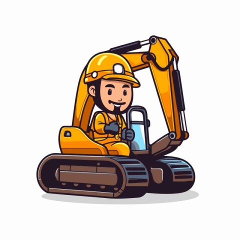 Excavator with smartphone. Vector illustration of a construction