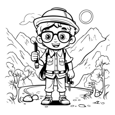 Boy scout with backpack and binoculars. Vector illustration for