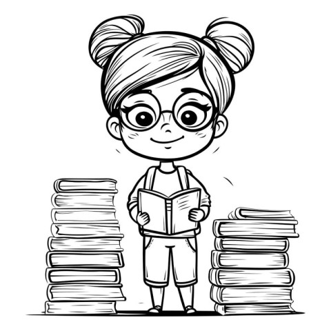 Cute Cartoon Girl Student with Books - Black and White Vector Il