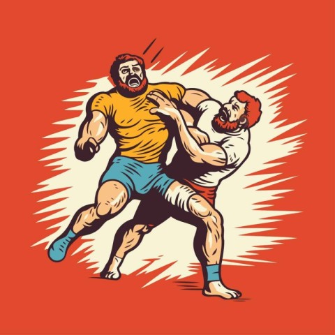 Rugby players fighting for ball. vector illustration in retro st