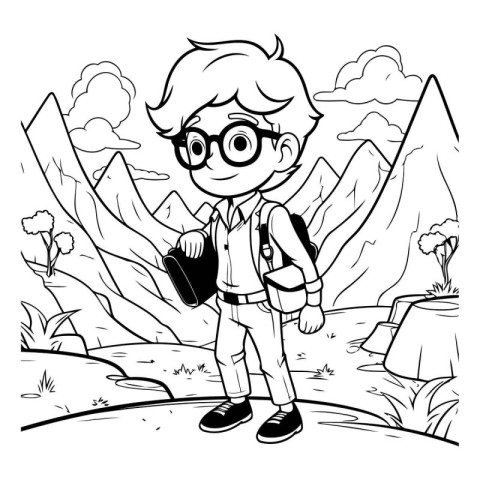 Boy with backpack hiking in mountains. Vector illustration for c