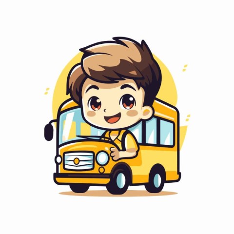 Cute little schoolboy riding a school bus. Vector illustration.